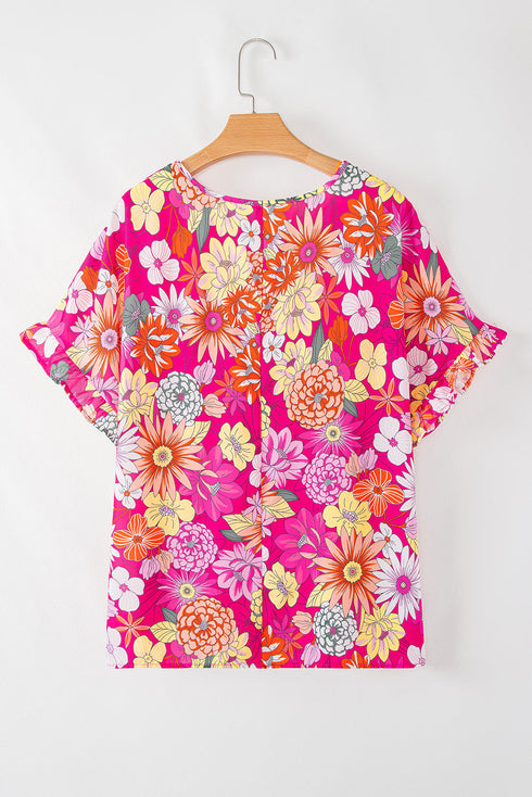 Floral Print Ruffle Short Sleeve Southern Belle Blouse