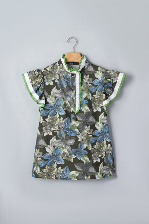Floral Print Ruffle Short Sleeve Woven Blouse