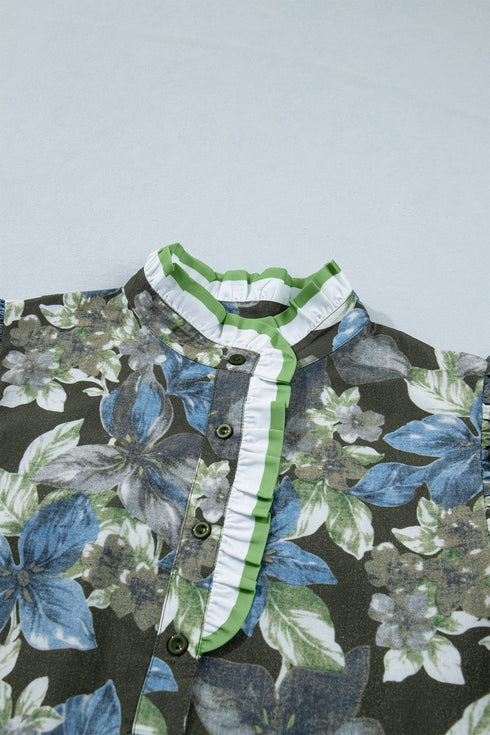 Floral Print Ruffle Short Sleeve Woven Blouse