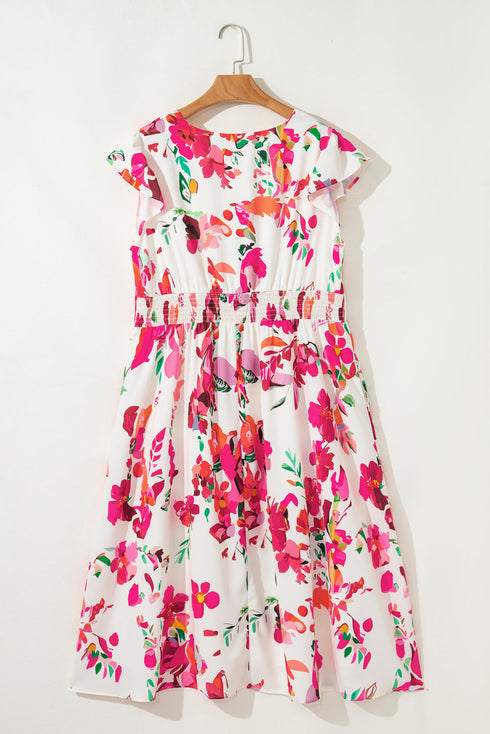 Floral Print Ruffle Sleeve A Line Plus Size Midi Dress