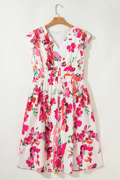 Floral Print Ruffle Sleeve A Line Plus Size Midi Dress