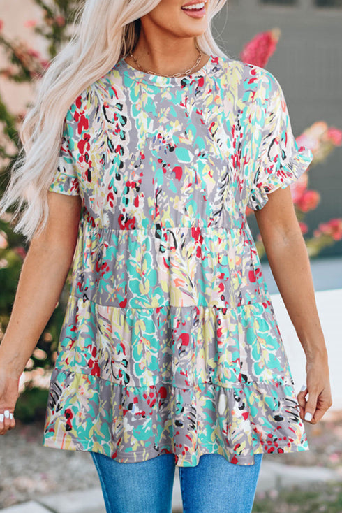 Floral Print Ruffle Sleeve Babydoll Top