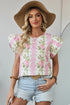 Floral Print Ruffle Sleeve Cotton Round Neck Blouse