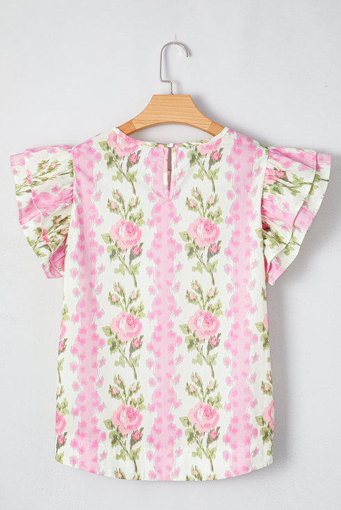 Floral Print Ruffle Sleeve Cotton Round Neck Blouse