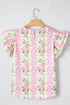 Floral Print Ruffle Sleeve Cotton Round Neck Blouse