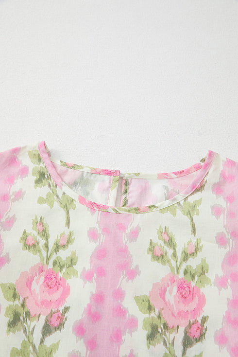 Floral Print Ruffle Sleeve Cotton Round Neck Blouse