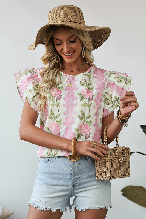 Floral Print Ruffle Sleeve Cotton Round Neck Blouse