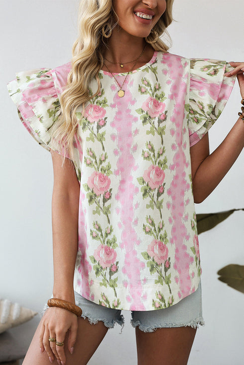 Floral Print Ruffle Sleeve Cotton Round Neck Blouse