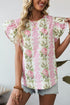 Floral Print Ruffle Sleeve Cotton Round Neck Blouse