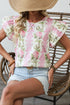 Floral Print Ruffle Sleeve Cotton Round Neck Blouse