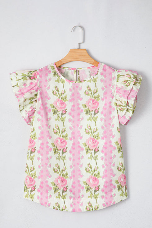 Floral Print Ruffle Sleeve Cotton Round Neck Blouse