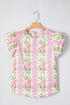 Floral Print Ruffle Sleeve Cotton Round Neck Blouse