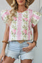Floral Print Ruffle Sleeve Cotton Round Neck Blouse