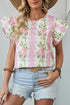 Floral Print Ruffle Sleeve Cotton Round Neck Blouse