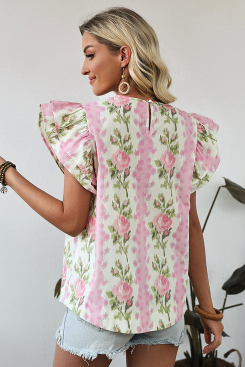 Floral Print Ruffle Sleeve Cotton Round Neck Blouse