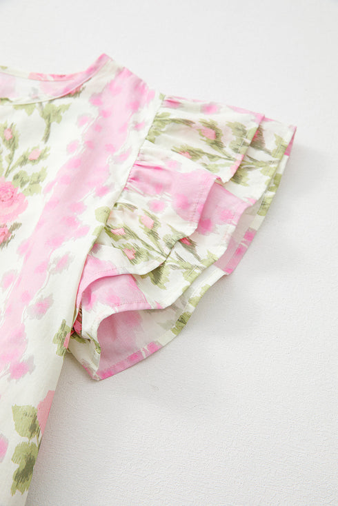 Floral Print Ruffle Sleeve Cotton Round Neck Blouse