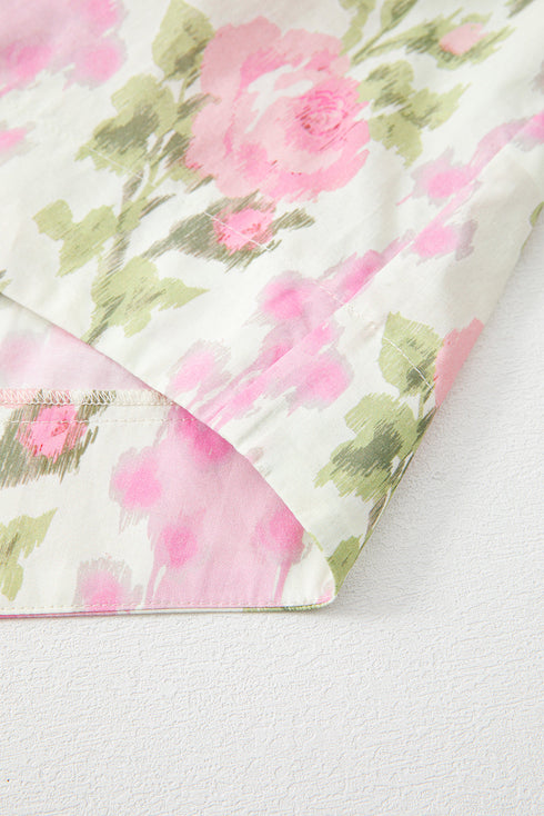 Floral Print Ruffle Sleeve Cotton Round Neck Blouse