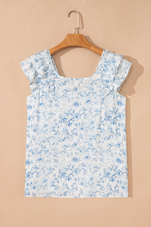 Floral Print Ruffle Sleeve Square Neck Tie Back Blouse
