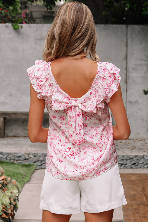 Floral Print Ruffle Sleeve Square Neck Tie Back Blouse