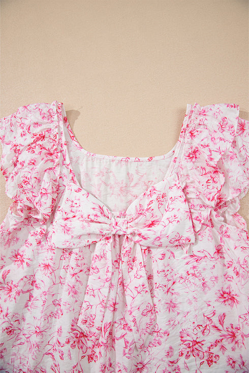 Floral Print Ruffle Sleeve Square Neck Tie Back Blouse