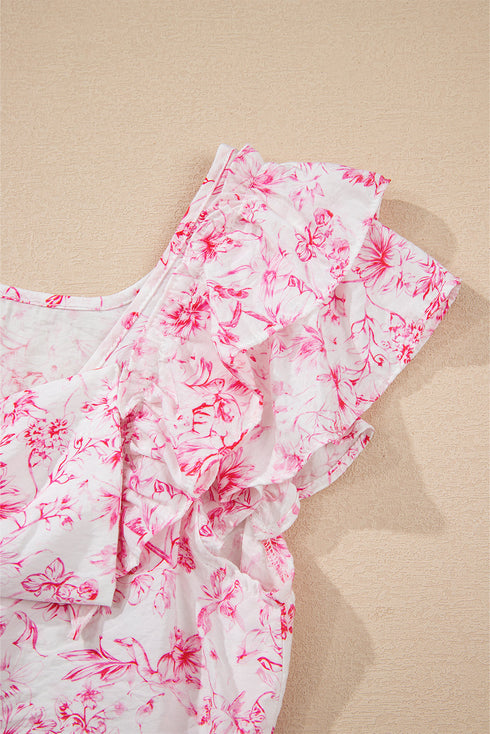 Floral Print Ruffle Sleeve Square Neck Tie Back Blouse
