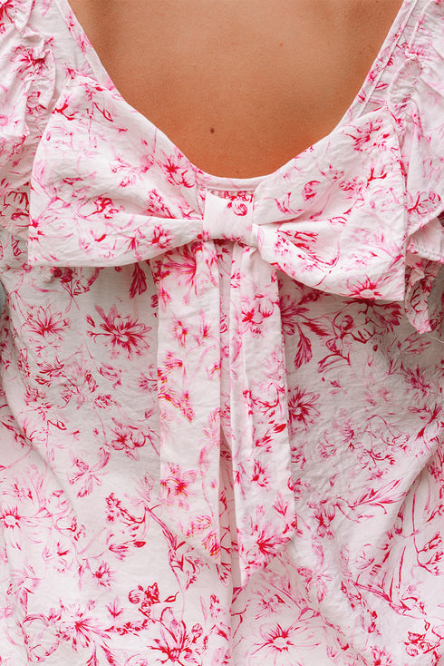 Floral Print Ruffle Sleeve Square Neck Tie Back Blouse