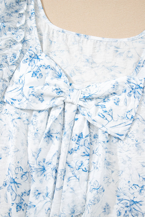 Floral Print Ruffle Sleeve Square Neck Tie Back Blouse