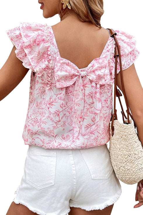 Floral Print Ruffle Sleeve Square Neck Tie Back Blouse