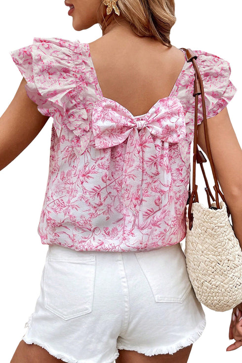 Floral Print Ruffle Sleeve Square Neck Tie Back Blouse