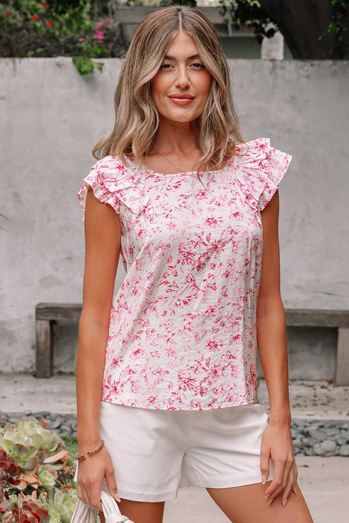 Floral Print Ruffle Sleeve Square Neck Tie Back Blouse