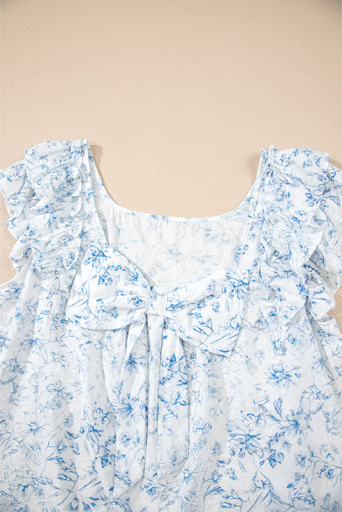 Floral Print Ruffle Sleeve Square Neck Tie Back Blouse