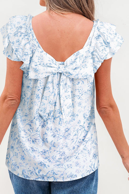 Floral Print Ruffle Sleeve Square Neck Tie Back Blouse