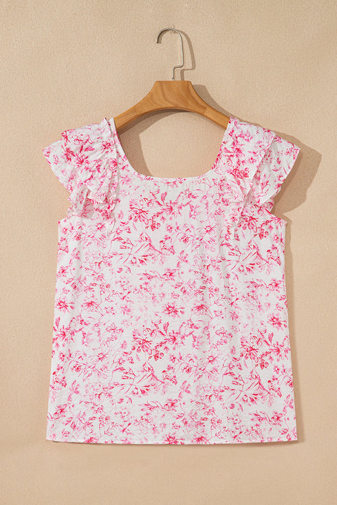 Floral Print Ruffle Sleeve Square Neck Tie Back Blouse