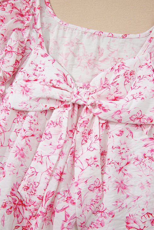 Floral Print Ruffle Sleeve Square Neck Tie Back Blouse