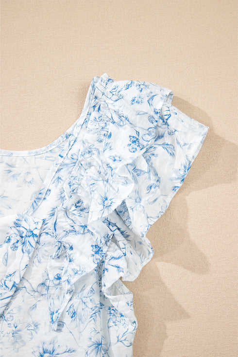 Floral Print Ruffle Sleeve Square Neck Tie Back Blouse