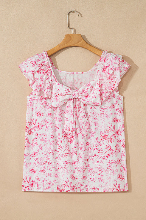 Floral Print Ruffle Sleeve Square Neck Tie Back Blouse