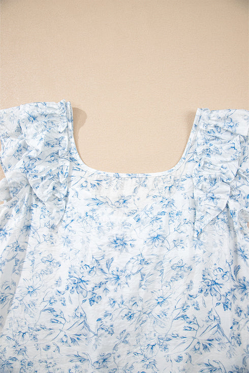 Floral Print Ruffle Sleeve Square Neck Tie Back Blouse