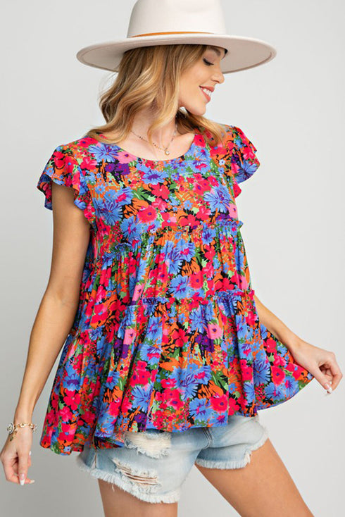 Floral Print Ruffle Sleeve Tiered Babydoll Top