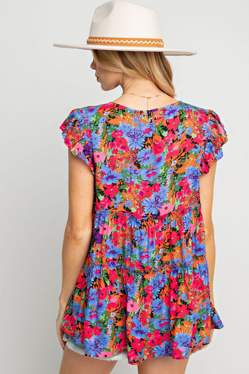 Floral Print Ruffle Sleeve Tiered Babydoll Top