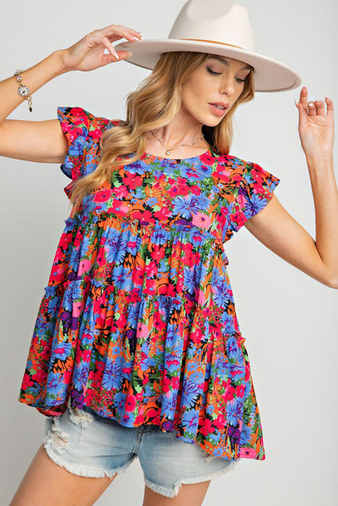 Floral Print Ruffle Sleeve Tiered Babydoll Top
