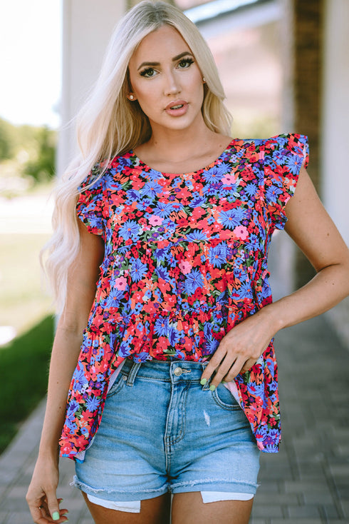 Floral Print Ruffle Sleeve Tiered Babydoll Top