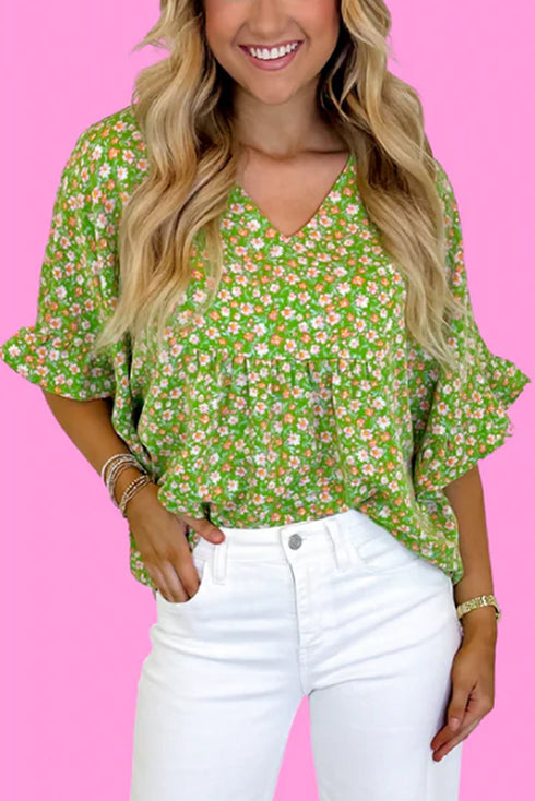 Floral Print Ruffle Sleeve V Neck Viscose Blouse