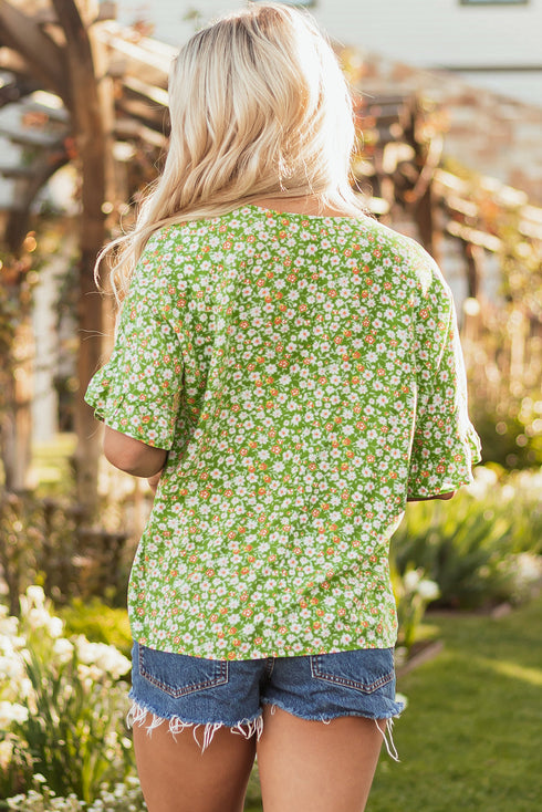 Floral Print Ruffle Sleeve V Neck Viscose Blouse
