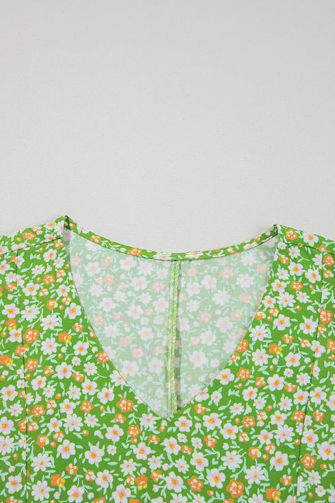 Floral Print Ruffle Sleeve V Neck Viscose Blouse