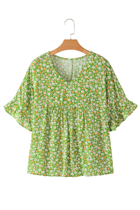 Floral Print Ruffle Sleeve V Neck Viscose Blouse