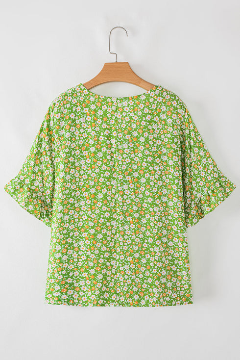 Floral Print Ruffle Sleeve V Neck Viscose Blouse
