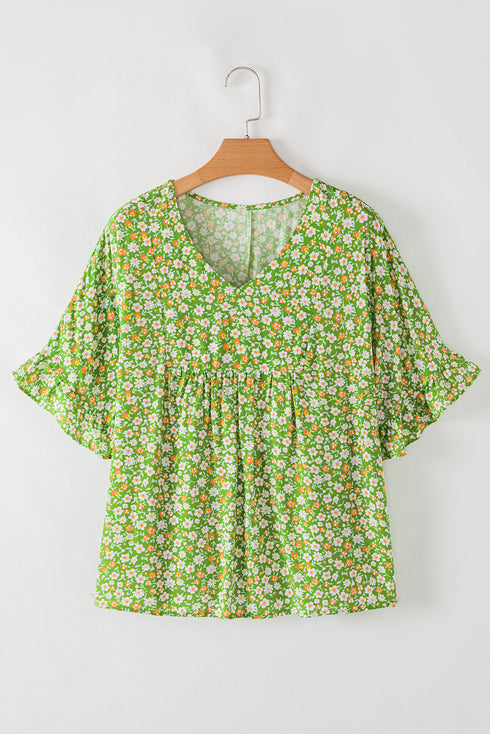 Floral Print Ruffle Sleeve V Neck Viscose Blouse