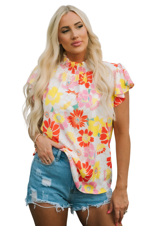 Floral Print Ruffle Stand Collar Flutter Sleeve Top