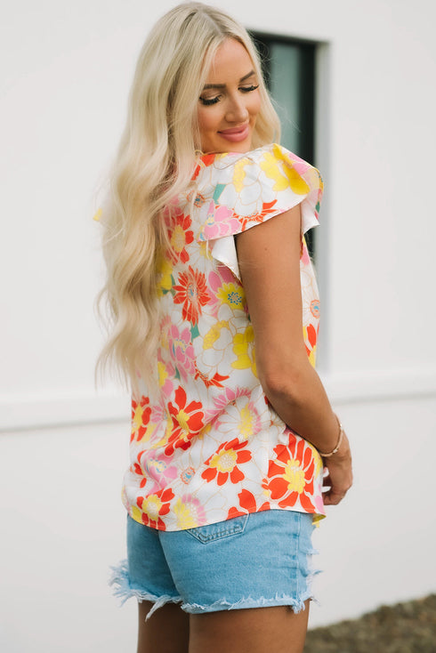 Floral Print Ruffle Stand Collar Flutter Sleeve Top