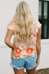 Floral Print Ruffle Stand Collar Flutter Sleeve Top